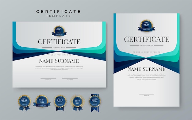 Premium blauwe gradiënt moderne certificaatsjabloon Blauw certificaat van prestatiesjabloon met badge voor award diploma prestatie zakelijke eer elegante documentsjabloon