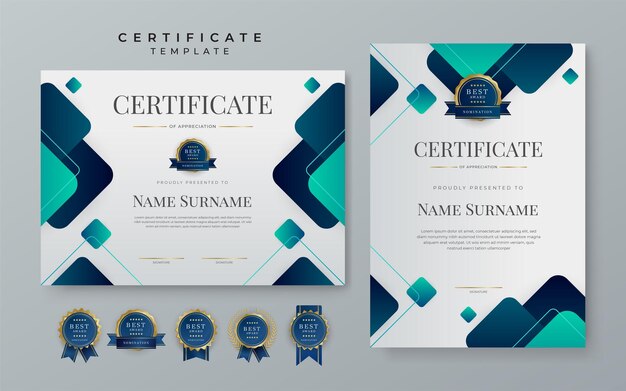 Modello di certificato moderno con sfumatura blu premium modello di certificato blu di conseguimento con distintivo per il modello di documento elegante per il conseguimento del diploma di premio