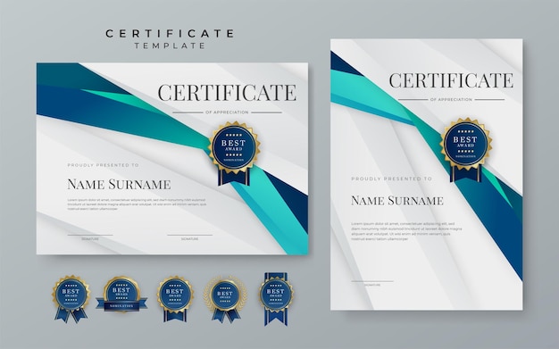 Vettore modello di certificato moderno con sfumatura blu premium modello di certificato blu di conseguimento con distintivo per il modello di documento elegante per il conseguimento del diploma di premio