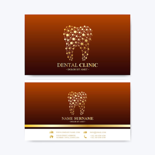 Vector premium business card print template. visiting dental clinic card with tooth logo. dentist office oral care. dental implants. medical design golden tooth logo.