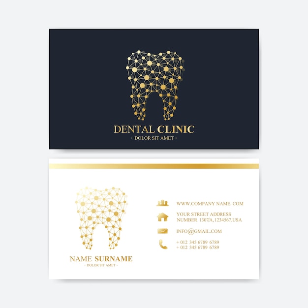 Modello di stampa di biglietti da visita di visita della clinica dentale con logo del dente ufficio del dentista cura orale implanti dentali disegno medico logo del dente d'oro