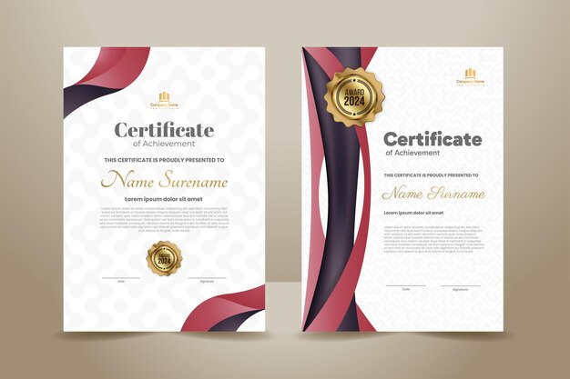 Vettore progettazione di modelli di certificati premium con illustrazione vettoriale ornamentale viola e magenta