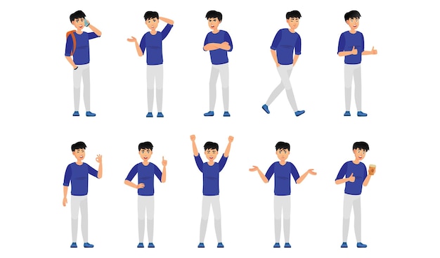 Vector premium character set of male student doing different postures