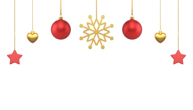 Премиум рождественский баннер повесил праздничные игрушки шарики звезды и снежинка реалистичный 3d значок вектор