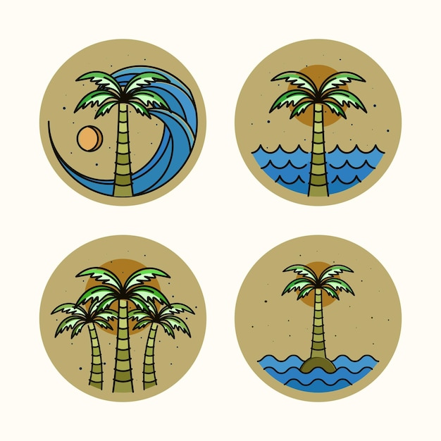 벡터 팜 또는 코코넛 로고 벡터 일러스트레이션 디자인의 프리미엄 컬렉션 팜 또는 코코넛 로고는 섬 로고 개념에서 일몰을 설정합니다.