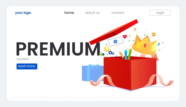 Vector premium content. gift box with ribbon and money and crown and other bonuses. vector cartoon illustration.