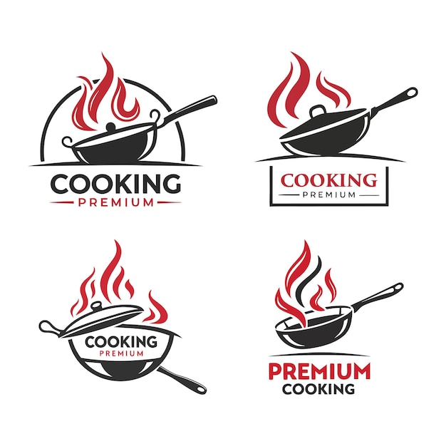 Коллекция логотипов Premium Cooking с изображением вока и пламени