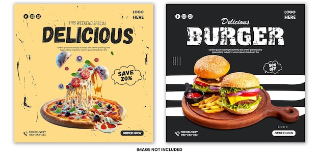 Вектор Коллекция шаблонов баннеров в социальных сетях премиум-класса с вкусными гамбургерами и едой