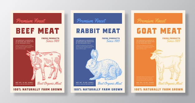 プレミアム最高級肉ベクトル パッケージ製品ラベル デザイン コレクション レトロなタイポグラフィと手描き牛ウサギとヤギ スケッチ シルエット背景レイアウト セット