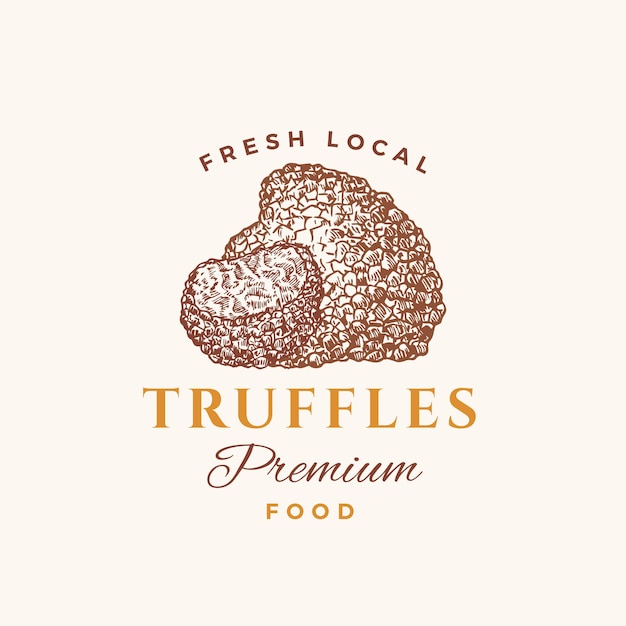 Vector premium food abstract sign symbol or logo template hand drawn truffle mushrooms with typography edib...