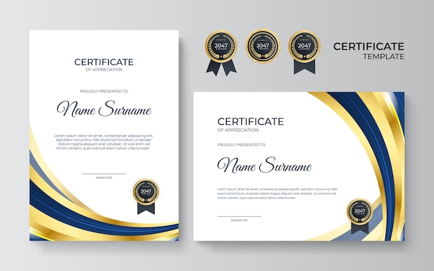 Премиальный золотой и синий шаблон сертификата признательности, чистый современный дизайн с золотым значком