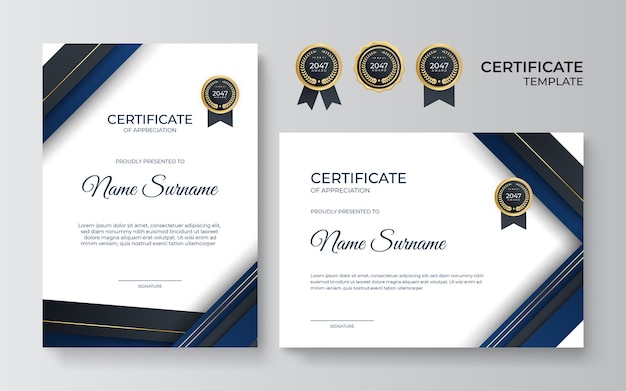 Premium gold and blue certificate of appreciation template, clean modern design with gold badge