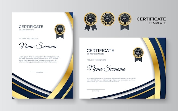 Premium gold and blue certificate of appreciation template, clean modern design with gold badge