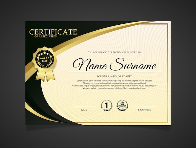 Design del modello di certificato nero dorato premium.