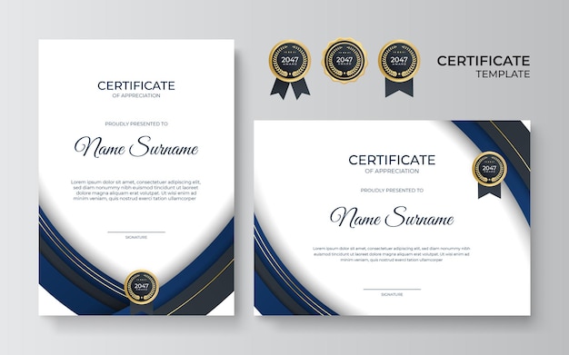 Premium gouden en blauwe certificaat van waardering sjabloon, schoon modern ontwerp met gouden badge