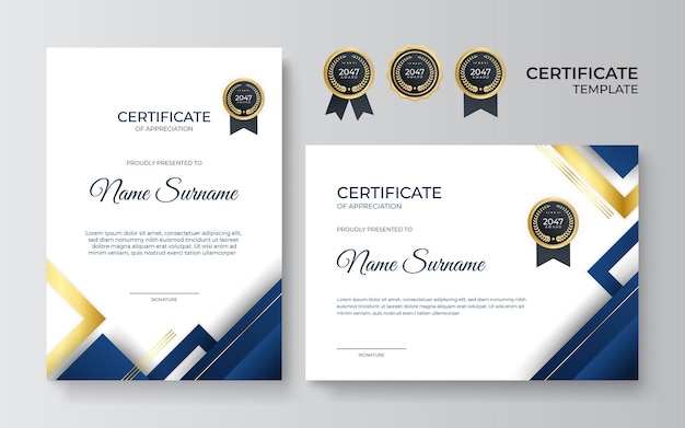 Premium gouden en blauwe certificaat van waardering sjabloon, schoon modern ontwerp met gouden badge