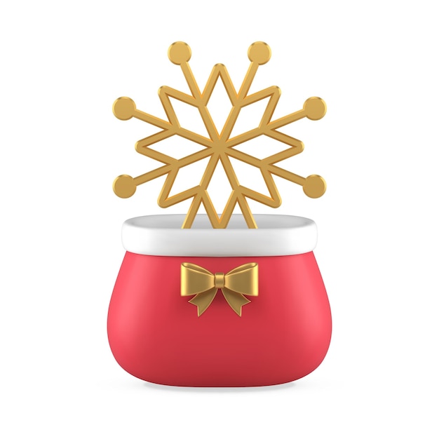 Premium gouden sneeuwvlok winter ornament in Santa Claus zak voor cadeau realistische 3D-pictogram vector