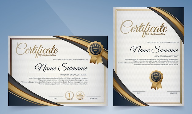 Premium gouden zwart en blauw certificaatsjabloon