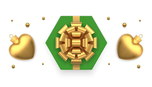 Premium green gift box decorative golden bow top view for holiday congrats realistic 3d icon vector