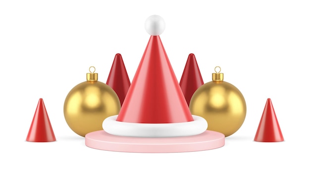 Premium kerstsamenstelling Kerstman kegelhoed op podium Xmas bal speelgoed realistische 3d pictogram vector