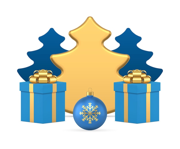 Premium kerstspar blauw glanzend balspeelgoed en verpakte geschenkdoos realistische 3D-pictogramvector