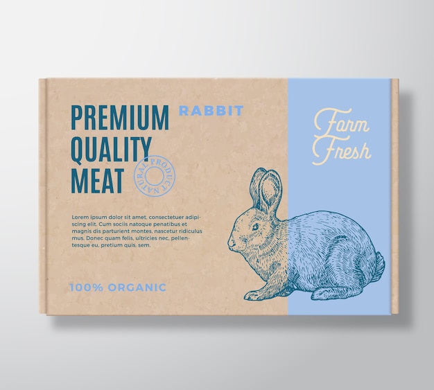 Premium kwaliteit konijnenvlees verpakking label op een ambachtelijke kartonnen doos.