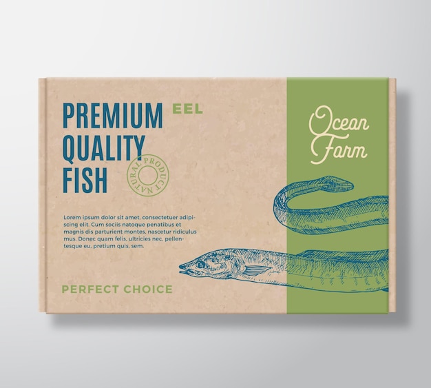 Premium kwaliteit vis realistische kartonnen doos abstracte vector verpakking ontwerp of label moderne typografie handgetekende paling silhouet ambachtelijke papier achtergrond lay-out