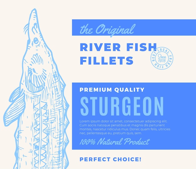 Premium kwaliteit visfilets abstract vector vis verpakkingsontwerp of label moderne typografie en met de hand getekende steur of beluga silhouet achtergrond lay-out