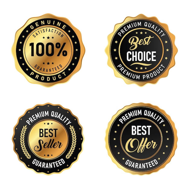 Premium kwaliteitsbadges voor het merken van echte producten en beste aanbiedingen met tevredenheidsgaranties in minimale vectorstijl