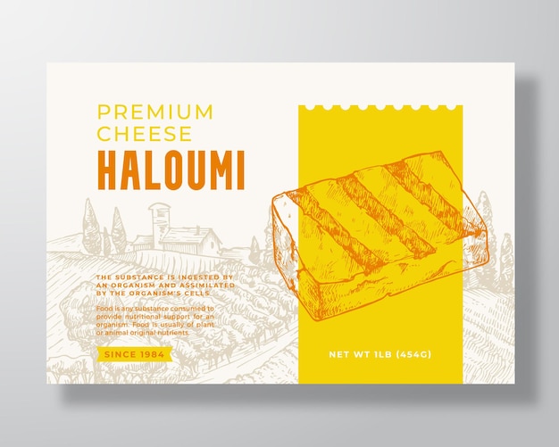 Premium lokale haloumi voedseletiketsjabloon. abstracte vector verpakking ontwerp lay-out. moderne typografie banner met hand getrokken kaas stuk en landelijke landschap achtergrond. geïsoleerd.