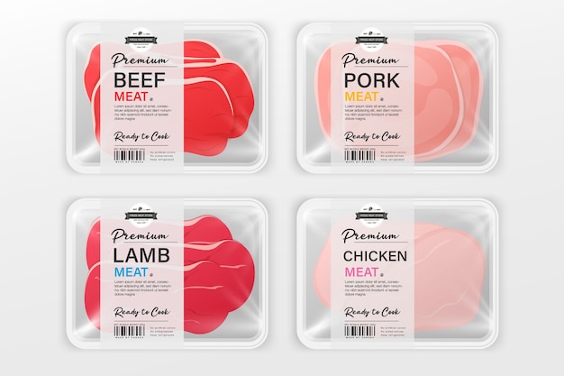 Collezione di design di confezioni di carne premium manzo maiale pollo agnello etichette e vassoi di design vettoriale
