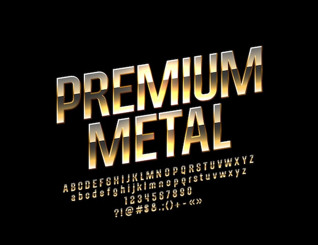 Premium metal alphabet letters, numbers and symbols. shiny golden font