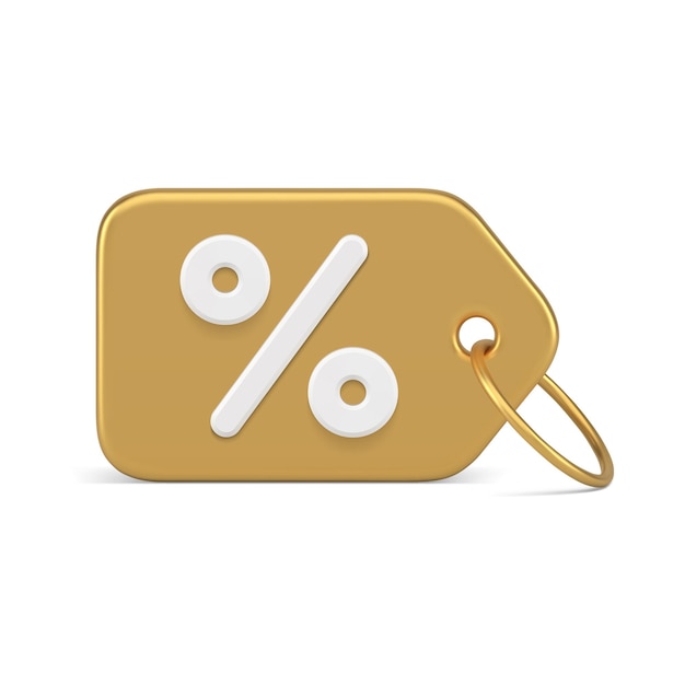 Premium metallic golden shopping tag rope percentage business retail 3d icon realistic vector