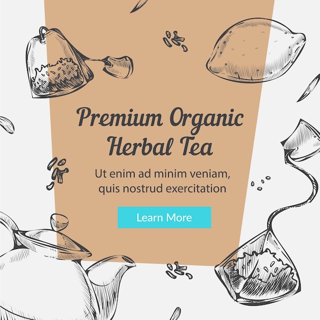 Вектор Премиум органический травяной чай с лимоном и травами баннер