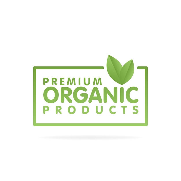 Баннер премиальных органических продуктов. текст и рамка с зеленым листом. векторная иллюстрация.