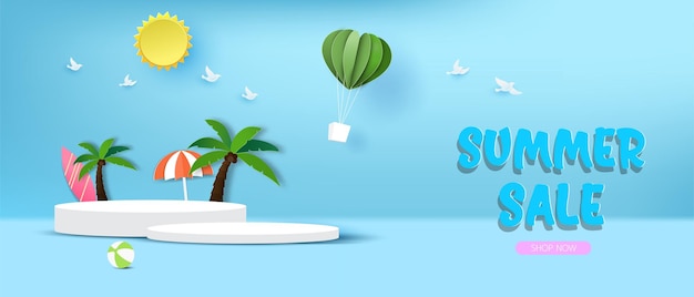 Premium podium shape with colorful summer background and summer sale poster