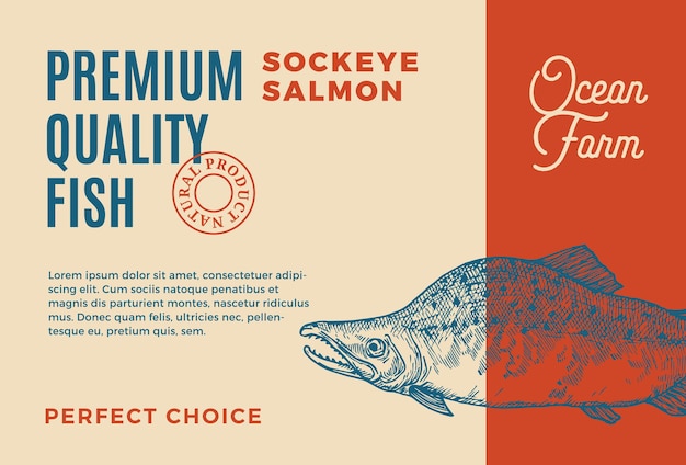 Vector premium quality atlantic sockey salmon abstract vector food packaging design or label modern typogra...