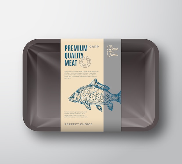 Vector premium quality carp. abstract vector fish plastic tray with cellophane cover packaging design label.