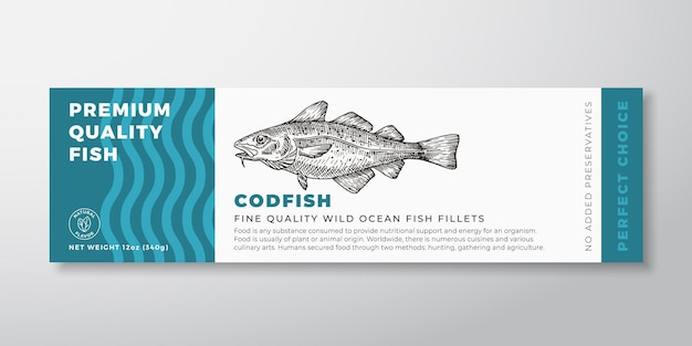 Premium Quality Codfish Vector Packaging Label Design Modern Typography and Hand Drawn Fish Silhouette Seafood Product Background Layout