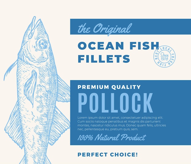 プレミアム品質の魚の切り身は、ベクトルの魚のパッケージデザインを抽象化するか、現代のタイポグラフィとラベルを付けます...