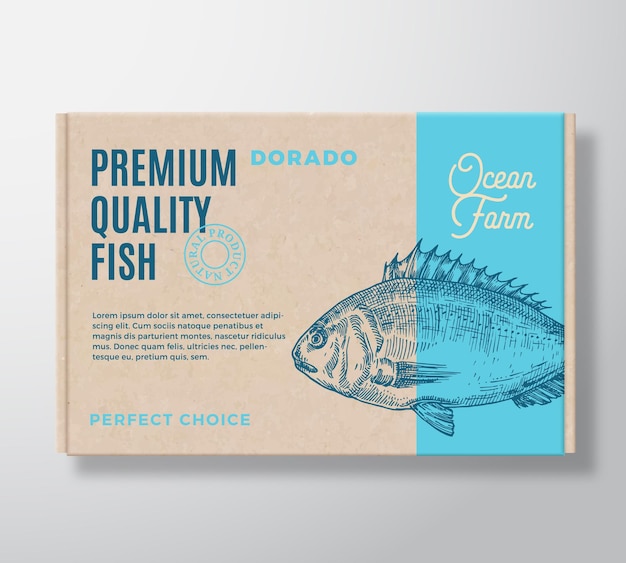 Vector premium quality fish realistic cardboard box abstract vector packaging design or label modern typography hand drawn dorado silhouette craft paper background layout