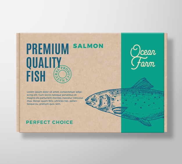 Vettore scatola di cartone realistica di pesce di qualità premium design o etichetta di imballaggio vettoriale astratto tipografia moderna layout di sfondo di carta artigianale con silhouette di salmone disegnato a mano