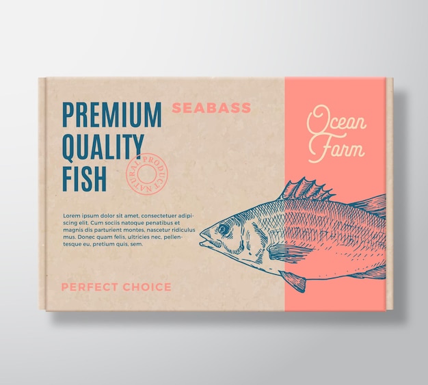 Premium qualità pesce realistico scatola di cartone astratto vettore packaging design o etichetta moderna tipografia disegnata a mano spigola sagoma carta artigianale layout di sfondo