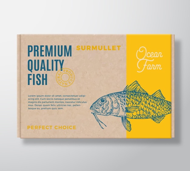 Premium quality fish realistic cardboard box abstract vector packaging design or label modern typography hand drawn surmullet silhouette craft paper background layout