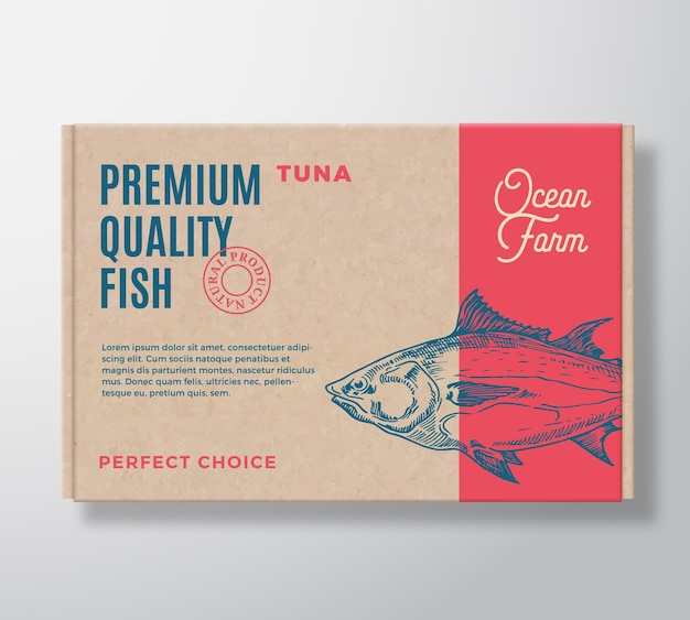 Premium Quality Fish Realistic Cardboard Box Abstract Vector Packaging Design or Label Modern Typography Hand Drawn Tuna Silhouette Craft Paper Background Layout