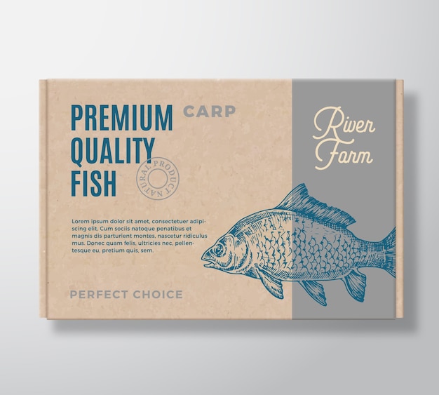 Vector premium quality fish realistic cardboard box. packaging mockup