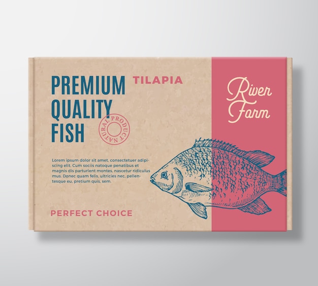 Vettore scatola di cartone realistica di pesce di qualità premium. packaging mockup