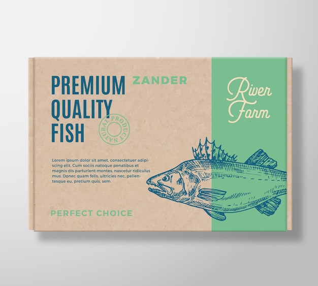 Vettore scatola di cartone realistica di pesce di qualità premium. packaging mockup