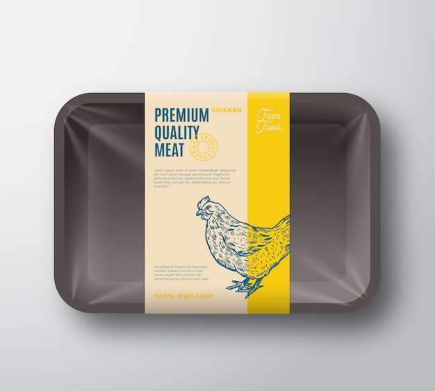 Confezione di galline di qualità premium. vettore astratto pollame vassoio di plastica con coperchio in cellophane.