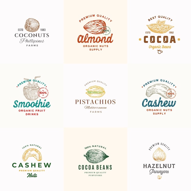 Коллекция шаблонов логотипов премиум качества орехи какао и кокосы